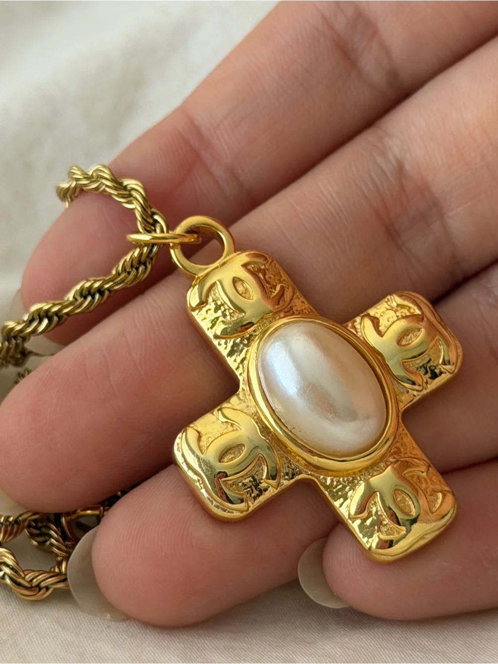 Gold Chanel Cross CC Pendant Necklace with Pearl Center